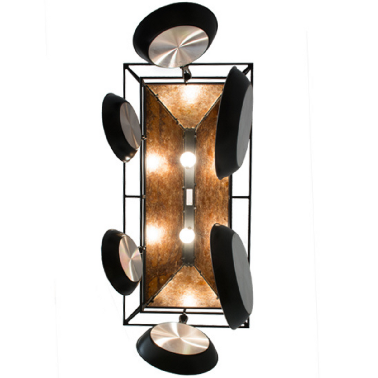 Underside view showing lights of Bear at Lake pot rack chandelier.