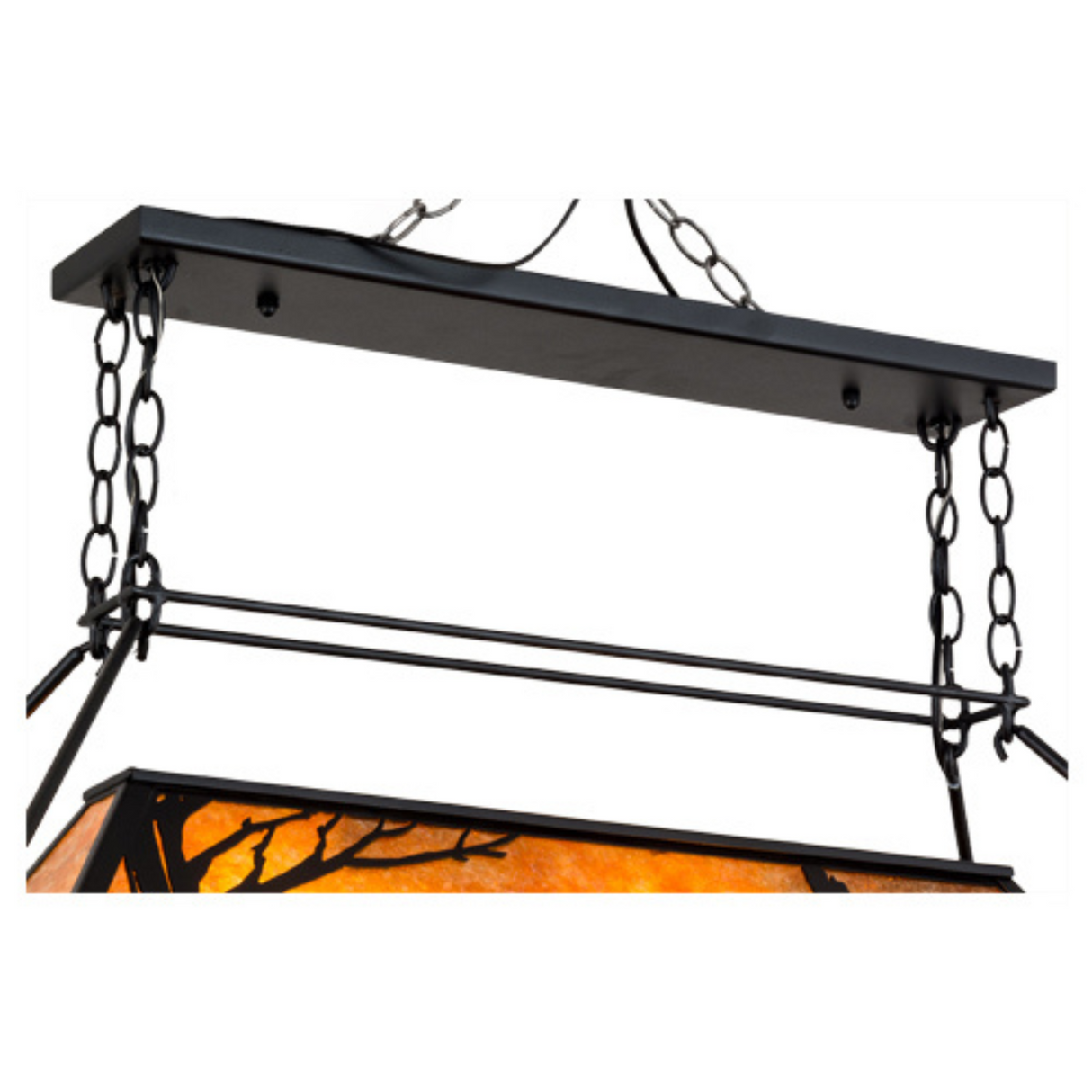Ceiling canopy and chain detail of Bear at Lake lighted pot rack.