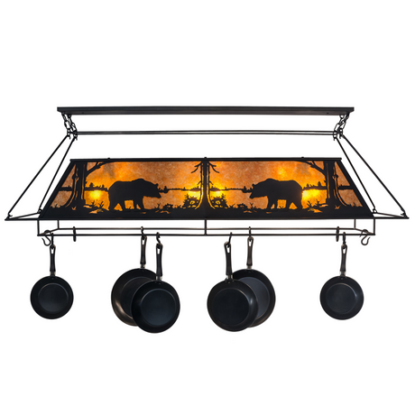 Front view of 72" Bear at Lake pot rack chandelier lit with amber mica panels.