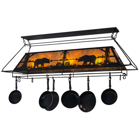 72" Bear at Lake pot rack chandelier lit, angled front view.