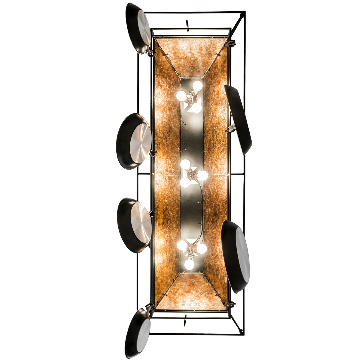 Bottom view of 72" Bear at Lake chandelier showing nine illuminated lamps.