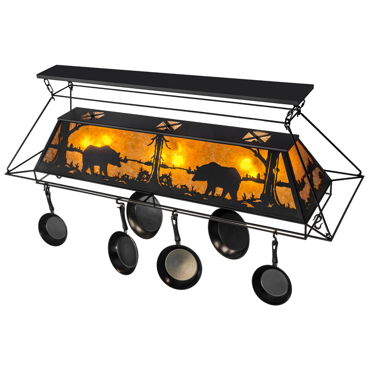 Side angle of 72" Bear at Lake pot rack chandelier glowing warmly.