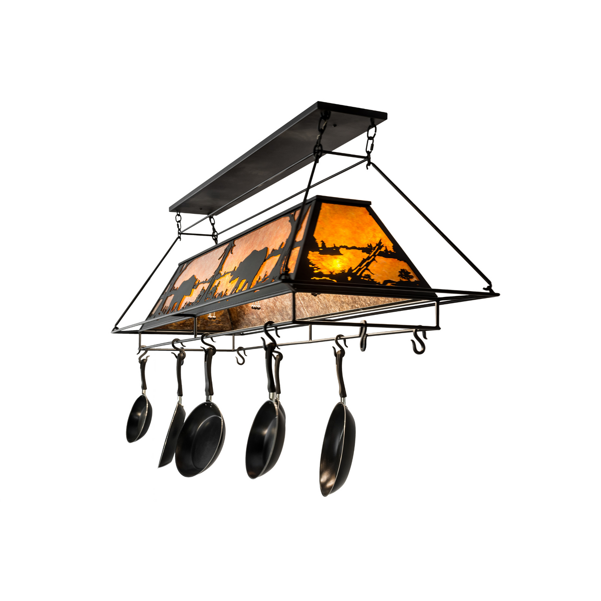 Side perspective of 72" Bear at Lake chandelier with amber mica glow.