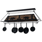 72" Bear at Lake pot rack chandelier unlit, angled front view.