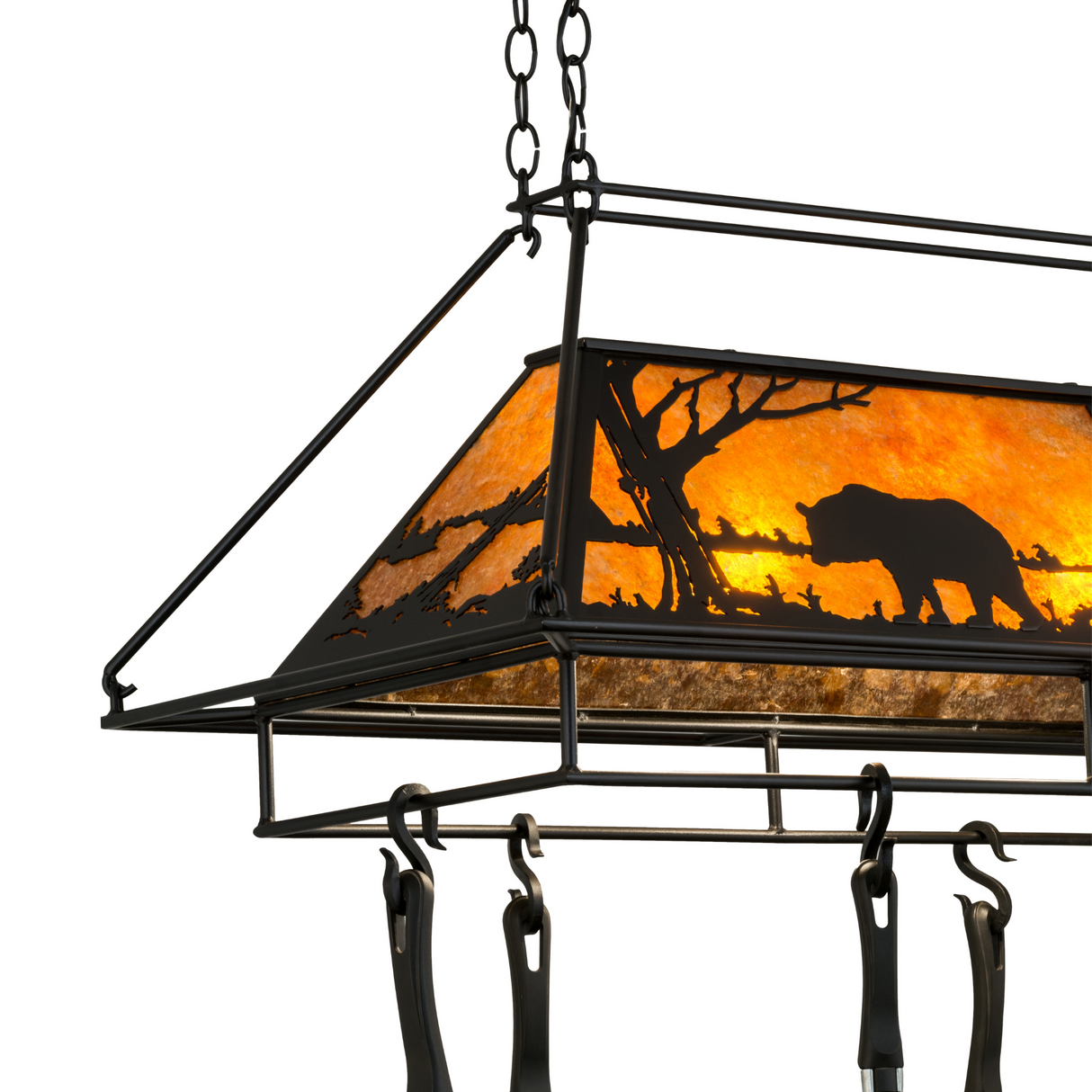 Close-up side view of Bear at Lake pot rack glowing amber light.
