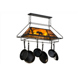 Rustic Bear at Lake pot rack chandelier glowing amber light.