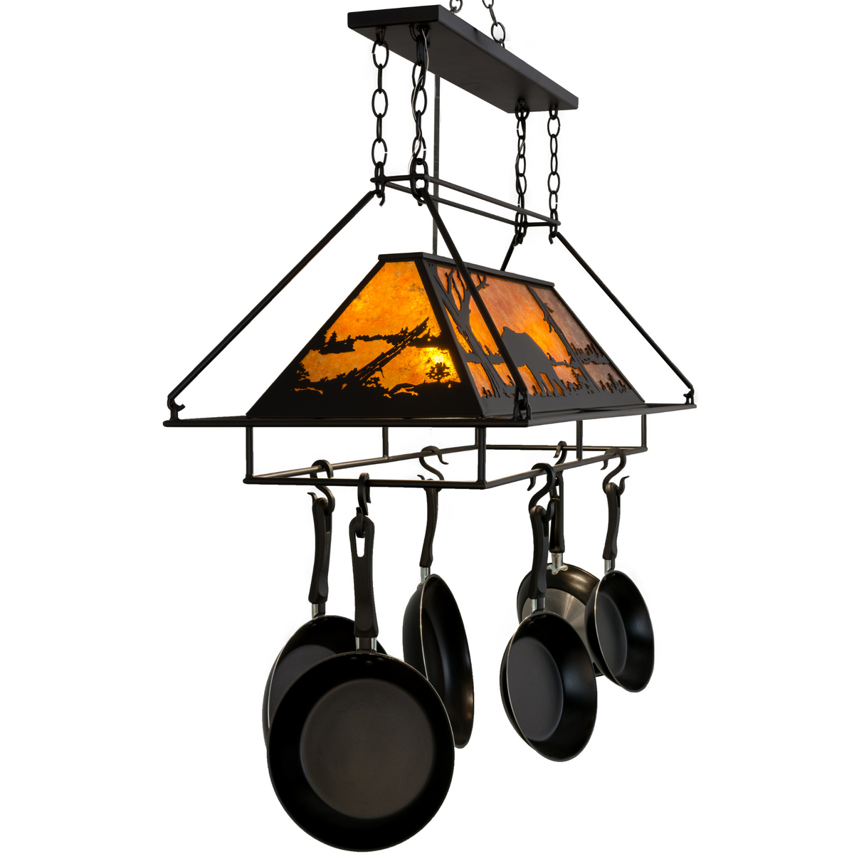 Wilderness-inspired Bear at Lake pot rack glowing amber light.