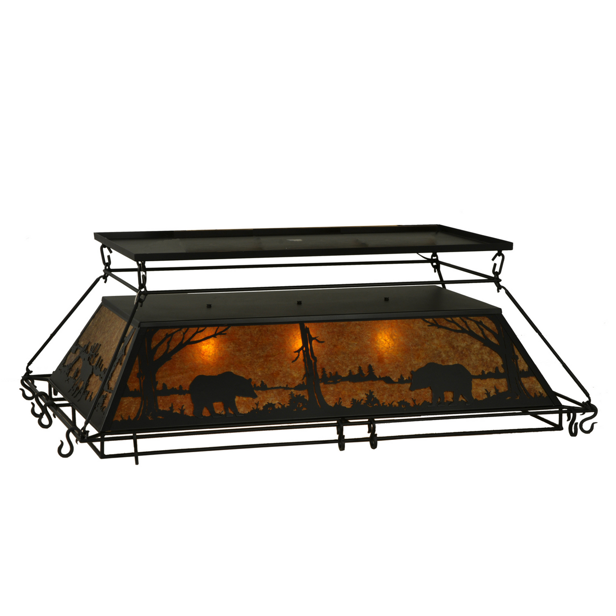 Low front angle view of Bear at Lake pot rack glowing warmly.