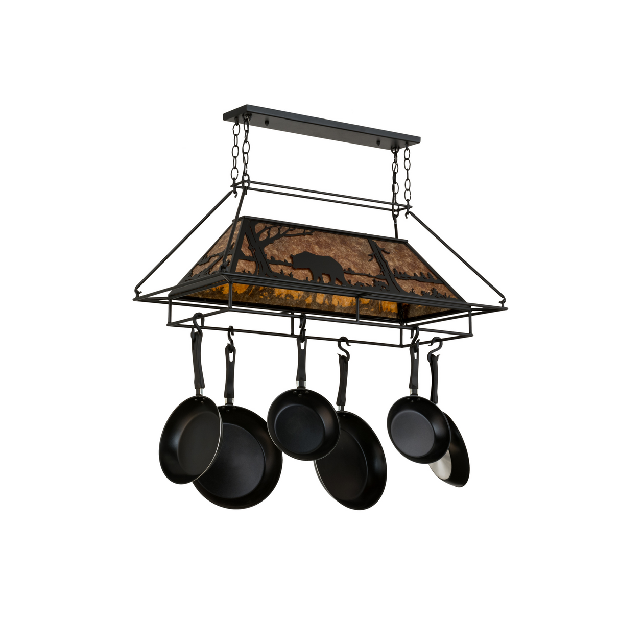 Rustic Bear at Lake pot rack chandelier with unlit mica panels.