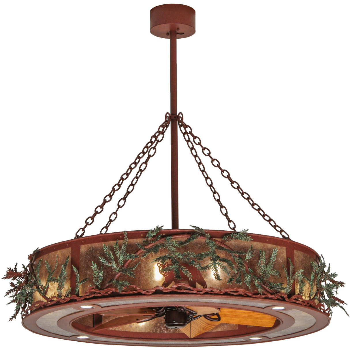 Front angled lit view with pine branch and bear design.