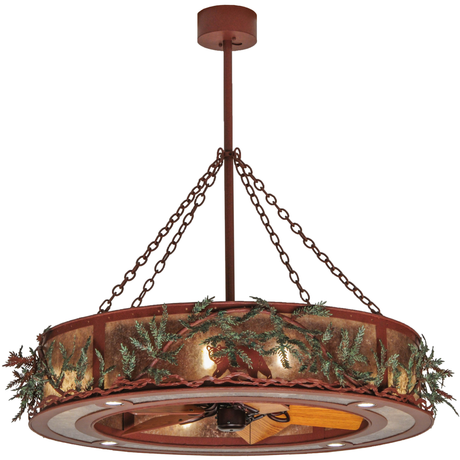 Front angled lit view with pine branch and bear design.