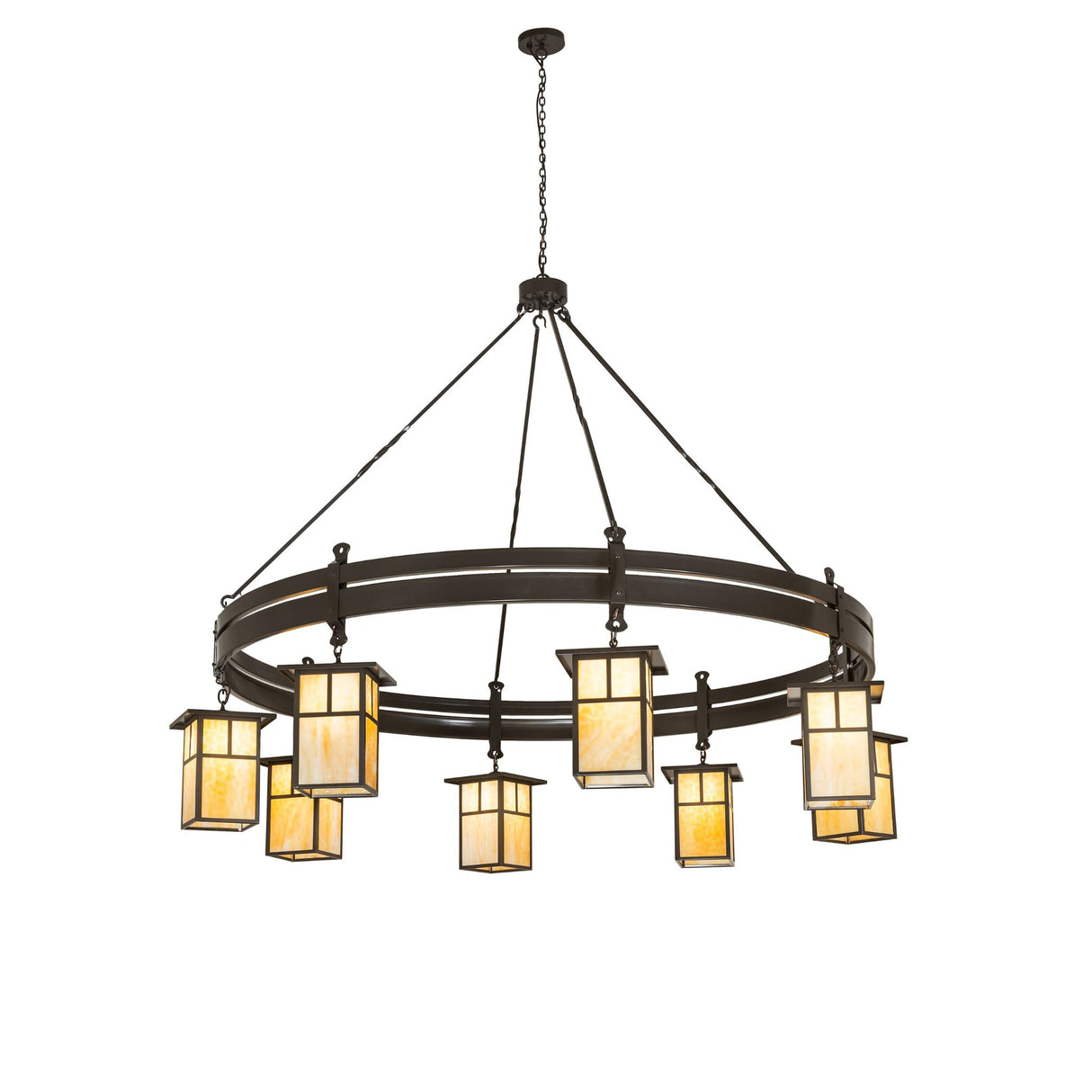 Full view of Beartooth T Mission chandelier with eight glowing lantern shades.