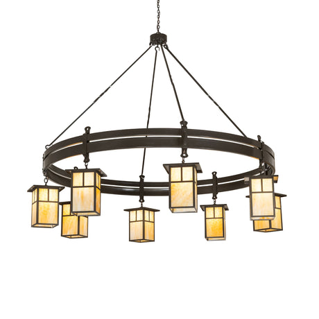 Lit view of Beartooth T Mission chandelier with eight beige glass lantern shades.