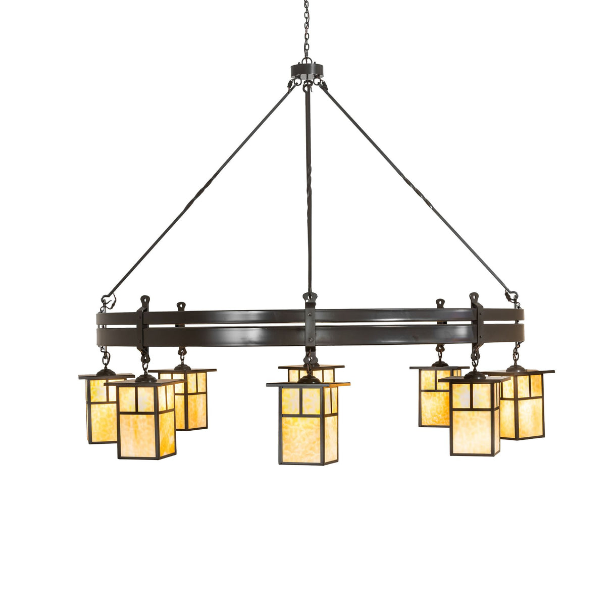 Side angle of Beartooth T Mission chandelier with lantern shades.