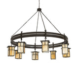 Unlit view of Beartooth T Mission eight light chandelier.
