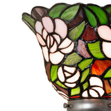 Close-up of Begonia stained glass shade with pink flowers and green leaves.