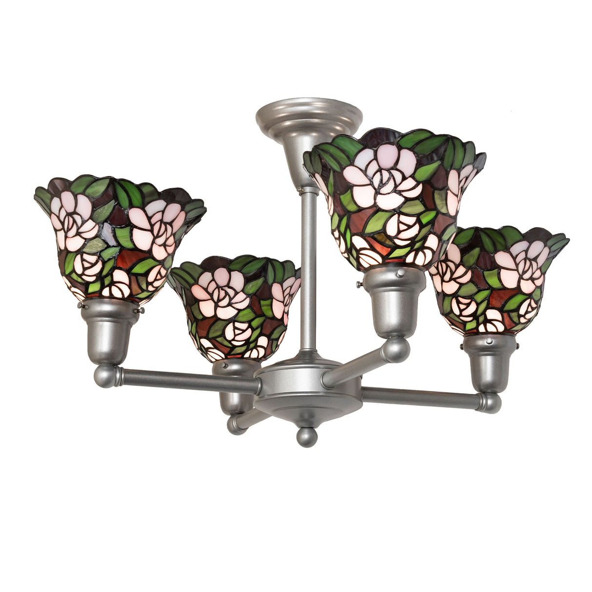 Lit view of 4 light chandelier with pink floral Tiffany-style stained glass shades.