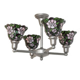 Unlit view of 4 light chandelier showing pink and green stained glass floral shades.
