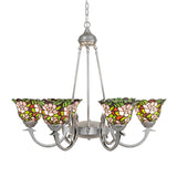 Angled side view of Begonia chandelier showing layered stained-glass flowers.
