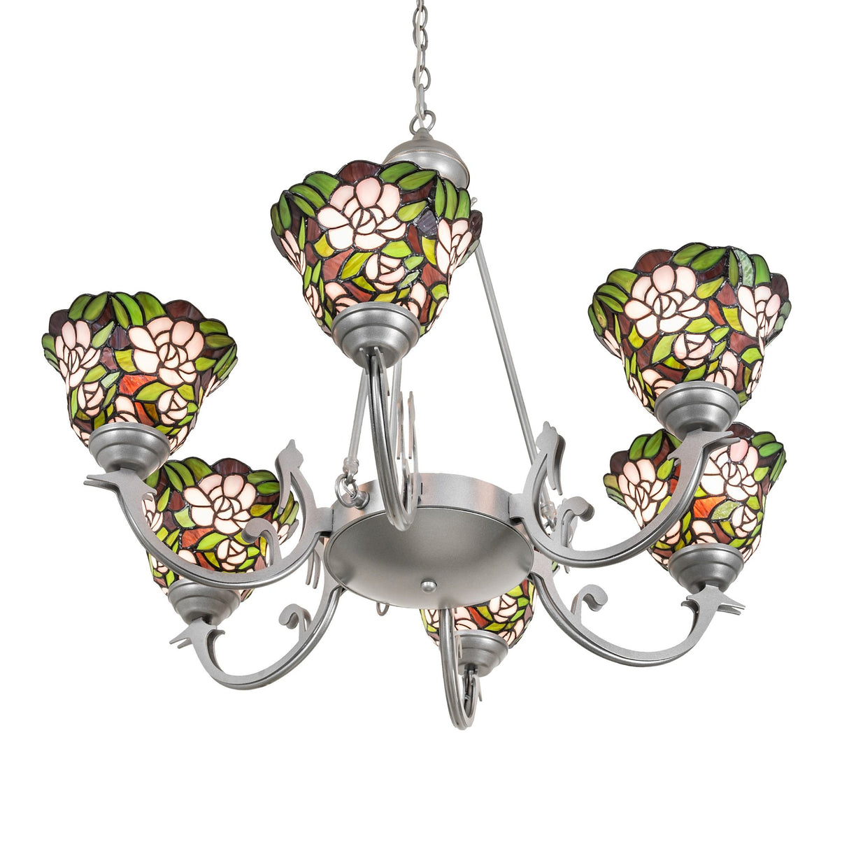 Bottom angle view of chandelier highlighting stained glass shades and central metal hub.