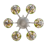 Bottom view of chandelier displaying circular layout of stained glass floral shades.