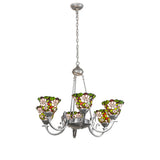 Full view of chandelier with blush pink stained-glass shades and light sandstone metal frame.
