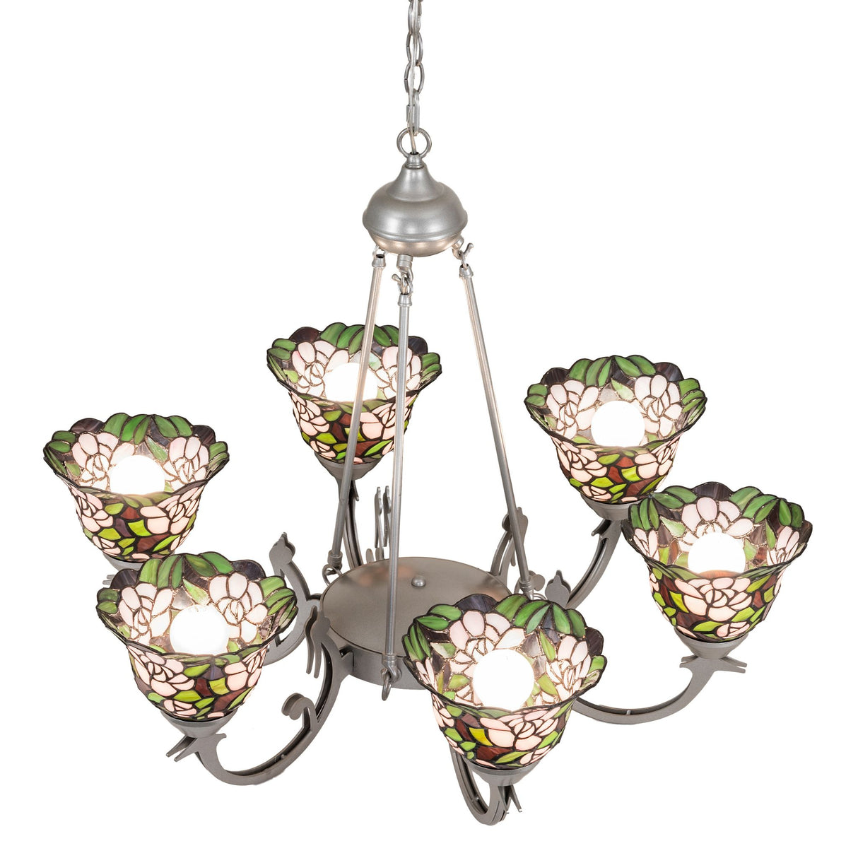 Top angle view of chandelier showing suspension rods, canopy connection, and shade arrangement.