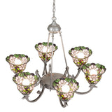 Top angle view of chandelier showing suspension rods, canopy connection, and shade arrangement.