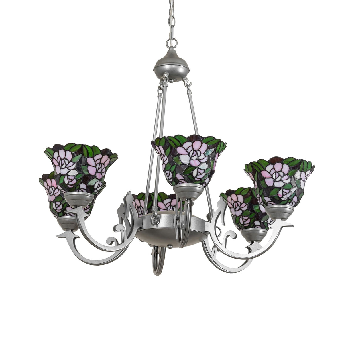 Unlit view of chandelier with blush pink stained glass floral shades and light sandstone finish.