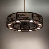 Lit view of Birchwood Chandel-Air highlighting rustic birchwood panels and warm glow.