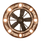 Bottom perspective showing fan blades surrounded by ring of soft LED lights.