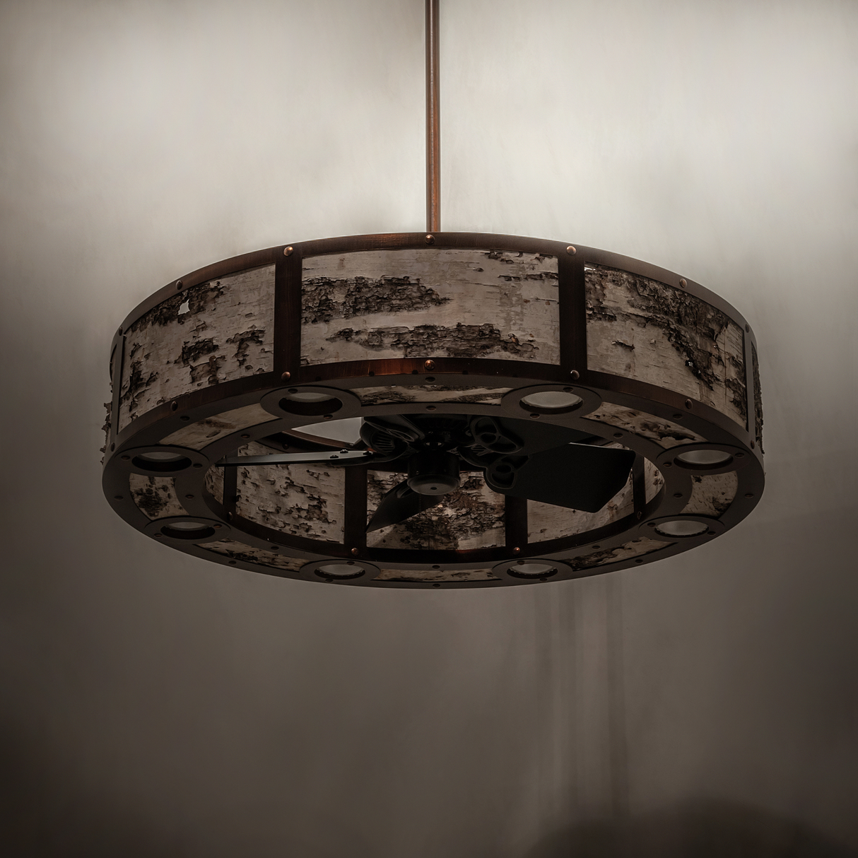 Unlit ambient view of Birchwood Chandel-Air showing natural wood tones and craftsmanship.