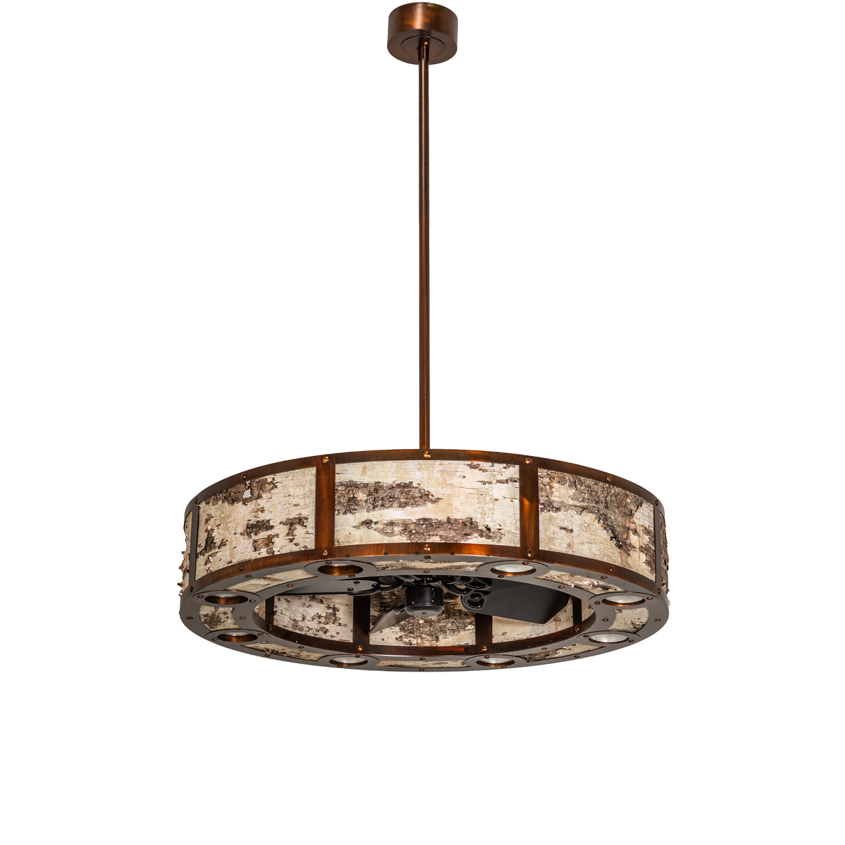 Unlit Birchwood Chandel-Air showing natural birchwood texture and handcrafted copper frame.