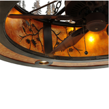 Bottom angled lit view emphasizing fan, chains, and forest motif design.