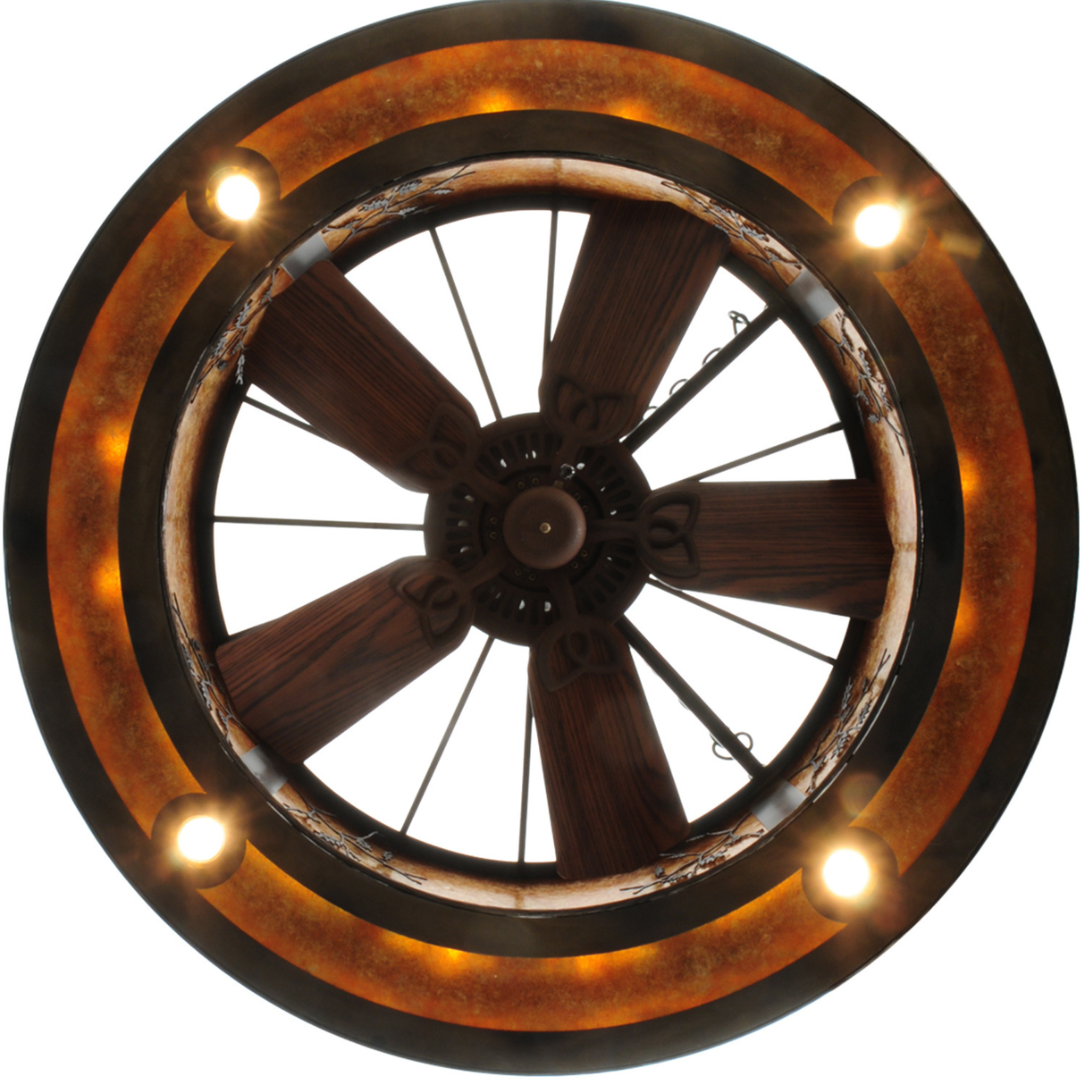 Bottom lit view of Black Dog Lodge Chandel-Air showing fan blades and downlights.