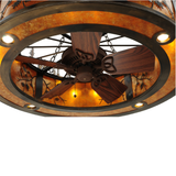 Close-up showing integrated ceiling fan and amber mica glow.