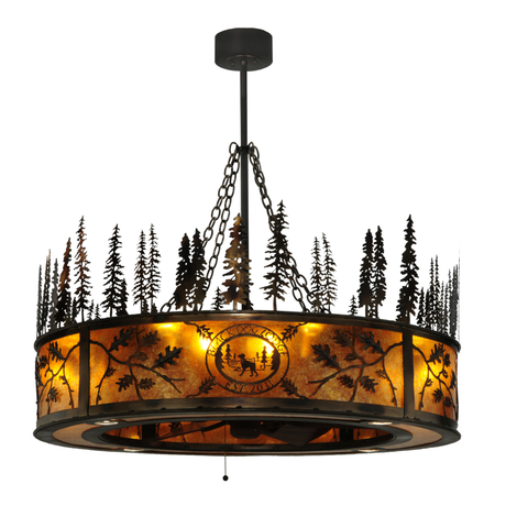 Angled lit view showing handcrafted pine forest and Black Dog Lodge logo.