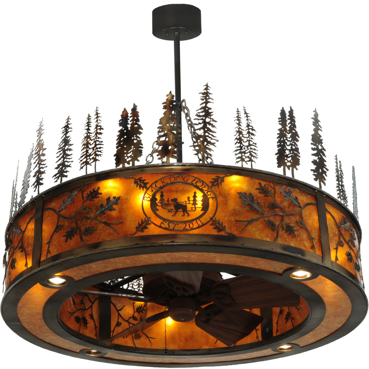 Bottom lit view highlighting fan blades and downlights beneath diffuser.