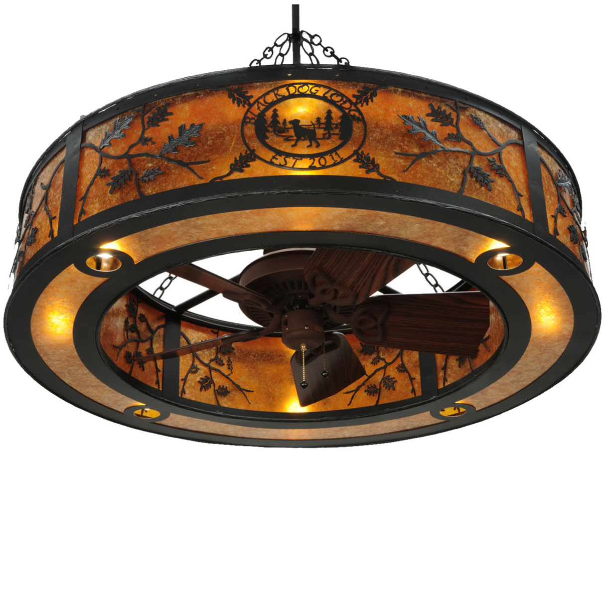 Lower angled lit view highlighting the fan and detailed oak branch design.
