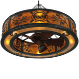Lower angled lit view highlighting the fan and detailed oak branch design.