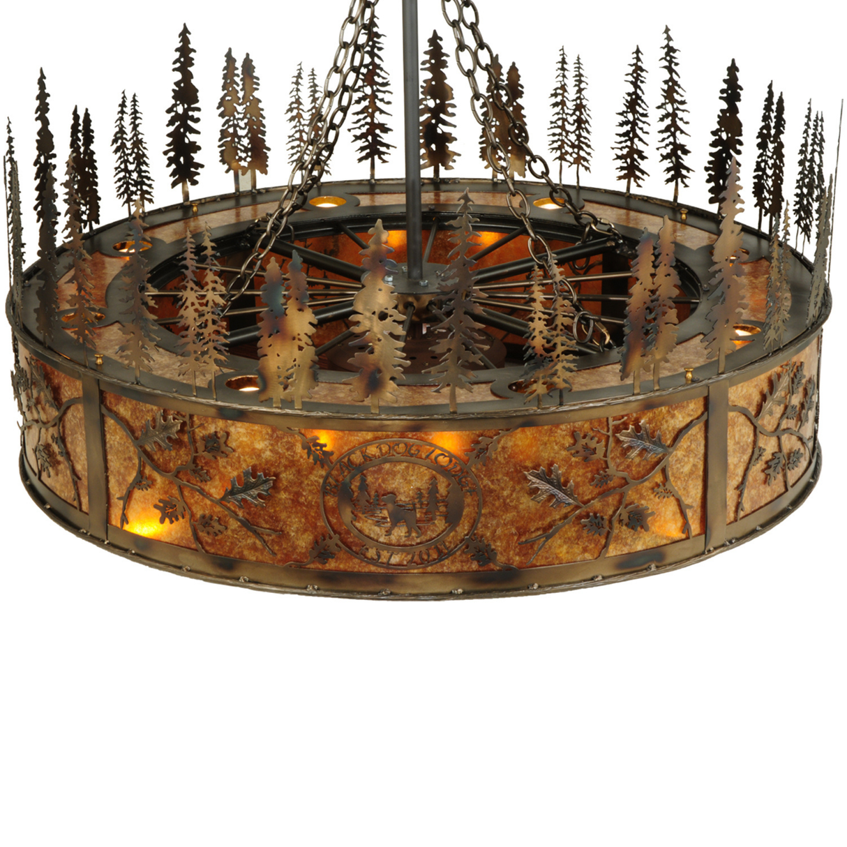 Top angled lit view displaying pine tree silhouettes and amber mica diffuser.