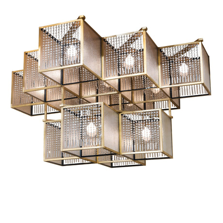 Lit view of chandelier featuring brushed brass cube frames, crystal beads, and granite glass panels.