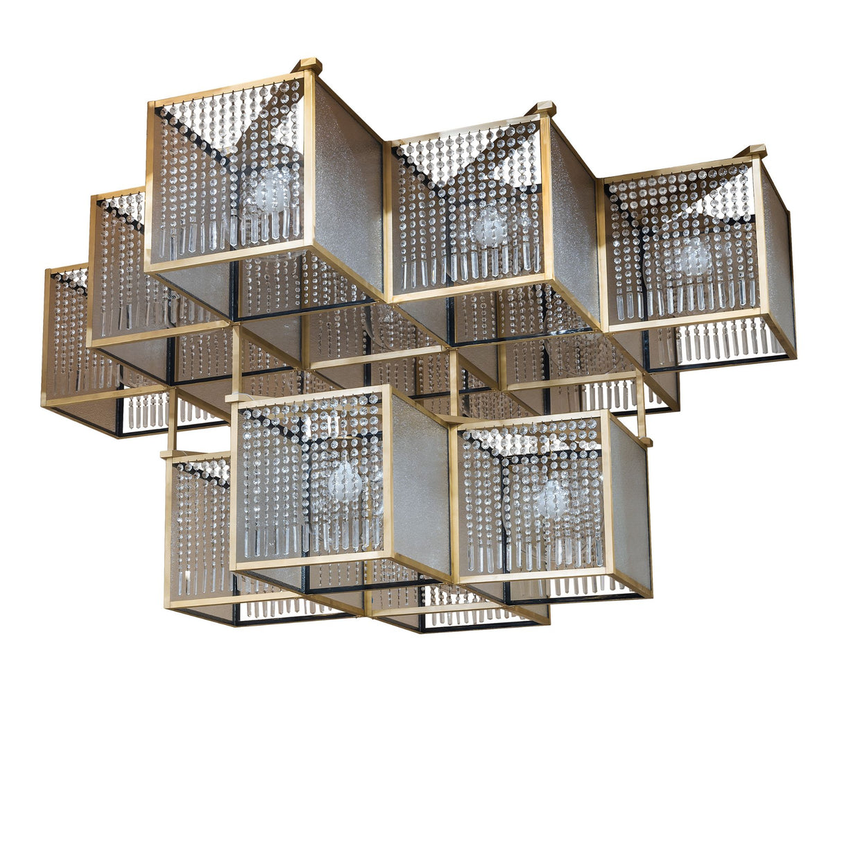 Unlit view of chandelier with brushed brass cube frames and crystal bead accents.