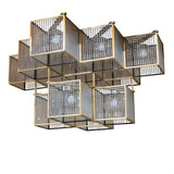 Unlit view of chandelier with brushed brass cube frames and crystal bead accents.