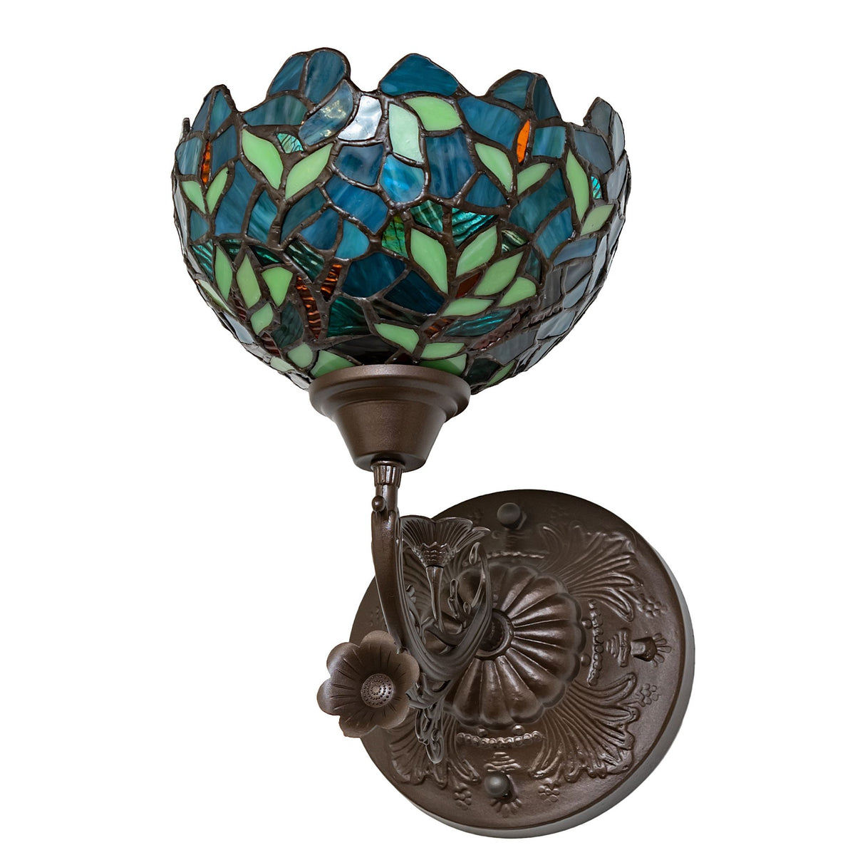 Nightfall Wisteria wall sconce with vibrant blue and green stained glass details.