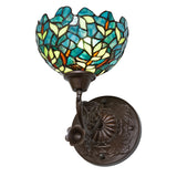 Nightfall Wisteria wall sconce with vibrant stained glass shade featuring blue, green, and orange tones.