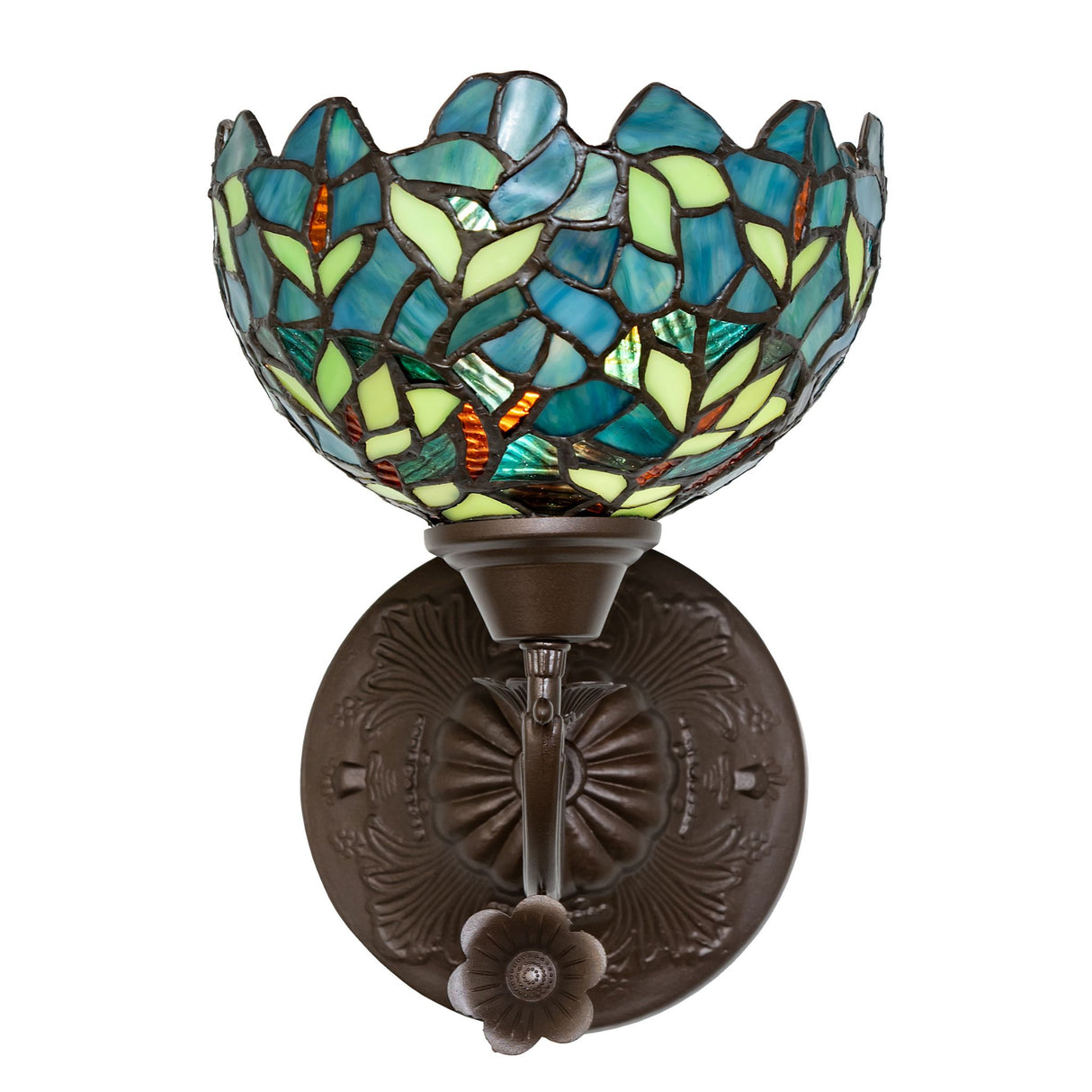 Front view of 8" Wide Nightfall Wisteria Wall Sconce with stained glass design.