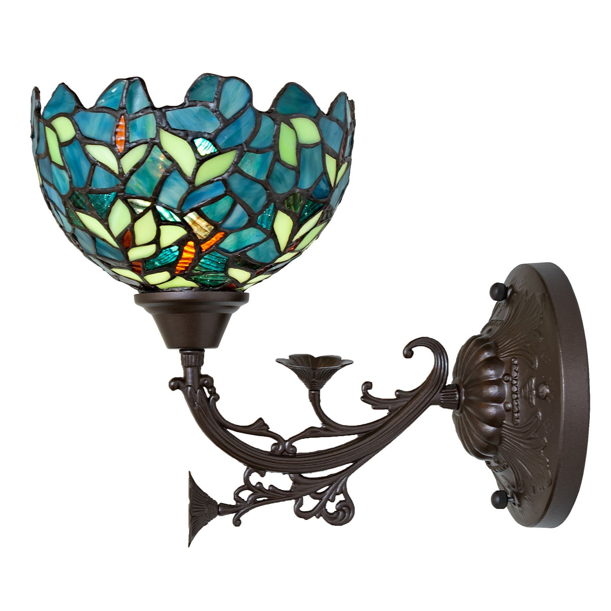 Side angle of Nightfall Wisteria wall sconce with elegant metalwork and stained glass.