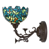 Side angle of Nightfall Wisteria wall sconce with elegant metalwork and stained glass.