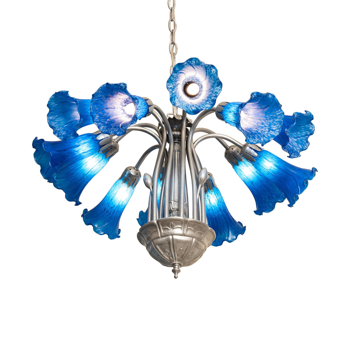 Bottom angle view of the lit Blue Tiffany Pond Lily 12 light chandelier.